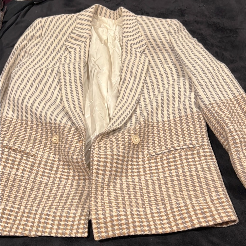 Adolfo Cream and Brown Tailored Blazer with Houndstooth Pattern